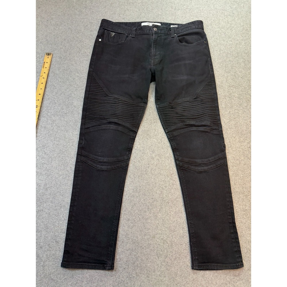 GUESS Mens Jeans Moto Biker Black Denim 34x28 Slim Ribbed‎ Knee Panels Work